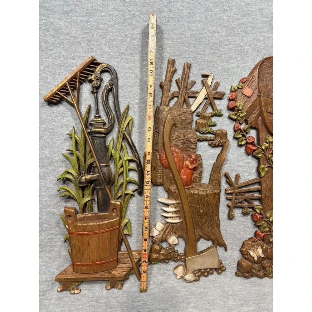Vtg Burwood 3 Pc Wall Hanging Water‎ Pump Mailbox Axe Squirrel Rustic